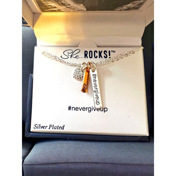 Belk Silverworks Silver Plated Necklace She Rocks! NEVER GIVE UP Pendants -NEW - Picture 1 of 6